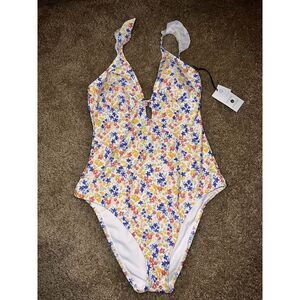 Shade & Shore women's Swimsuit Swim‎ One piece Ruffle Shoulder Plunge Size S